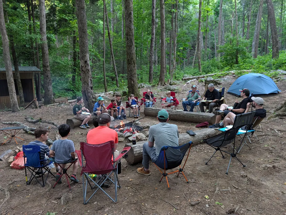 Trailmen and leaders gathered at a campsite at Vogel State Park